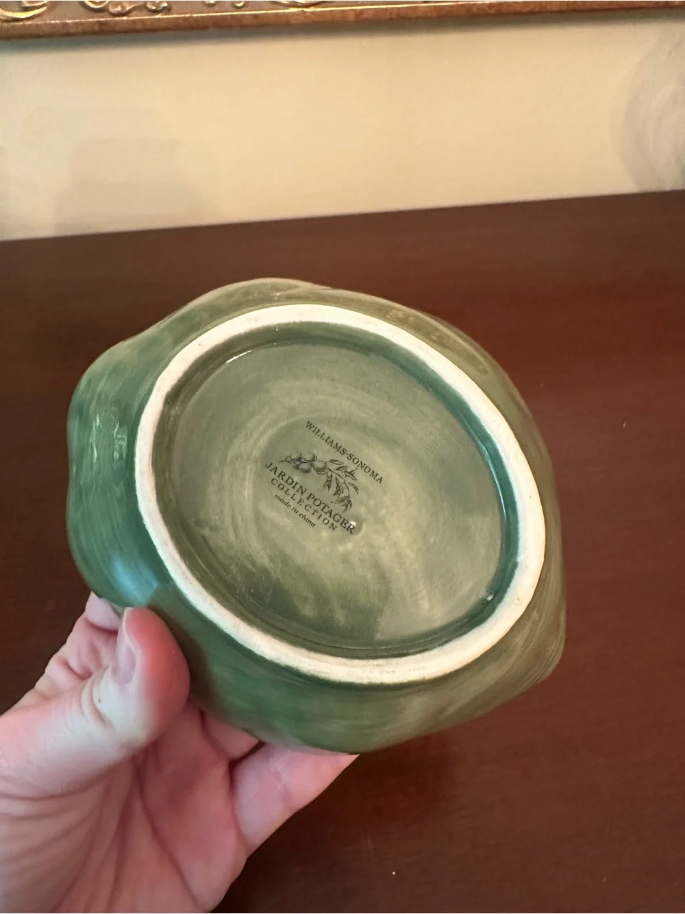 Williams Sonoma Green Leaf-Shaped Ceramic Bowl with Pink Highlights